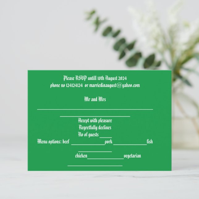 Wedding Response Card Wisteria violet green (Standing Front)