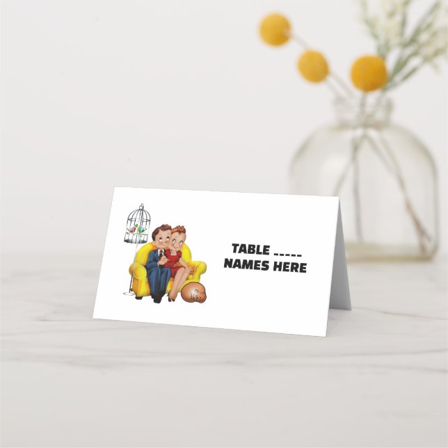 WEDDING retro couple with cat Folded Place Cards (Front)