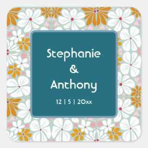 Wedding Retro Flowers Groovy 70s Boho Square Sticker