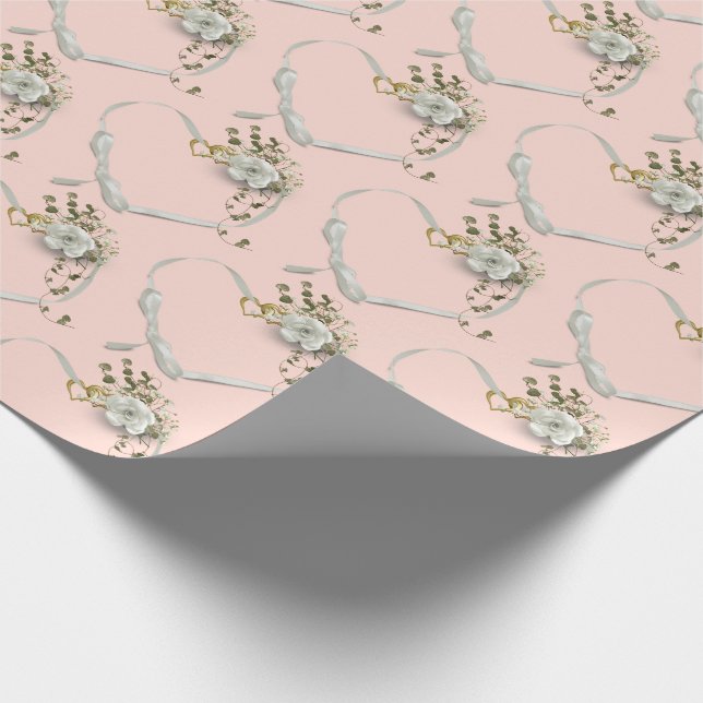 wedding ribbon heart with rose and ivy bouquet wrapping paper (Corner)
