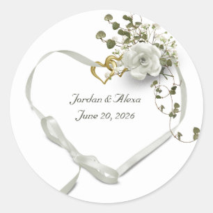 wedding ribbon heart with rose and ivy classic round sticker