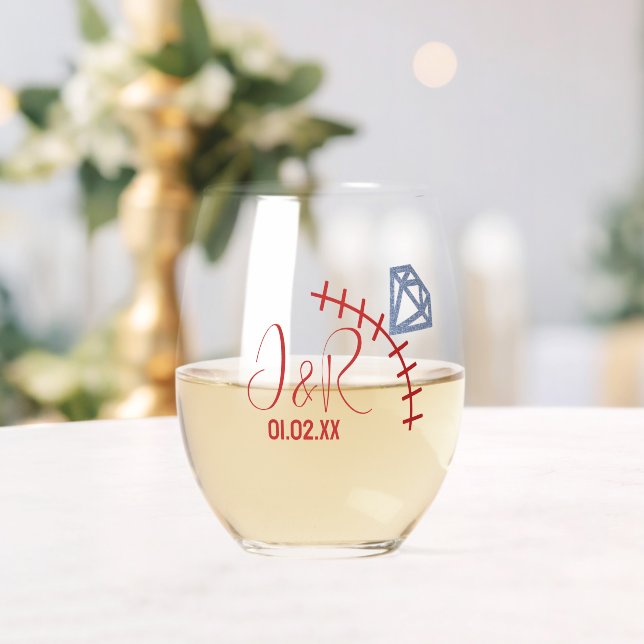 Wedding Ring Gem Baseball Anniversary Engagement Stemless Wine Glass (Insitu (Wedding))