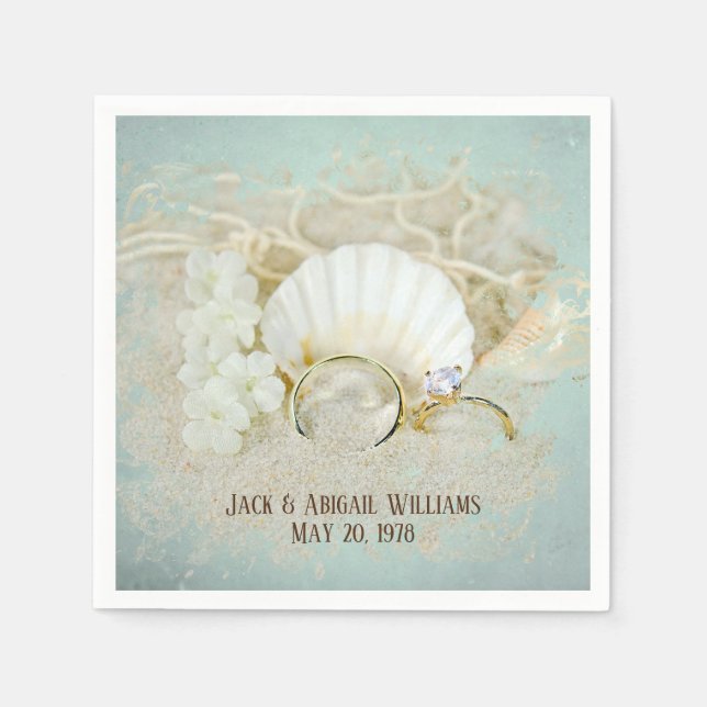 Wedding Rings and Seashells in Sand Napkin (Front)