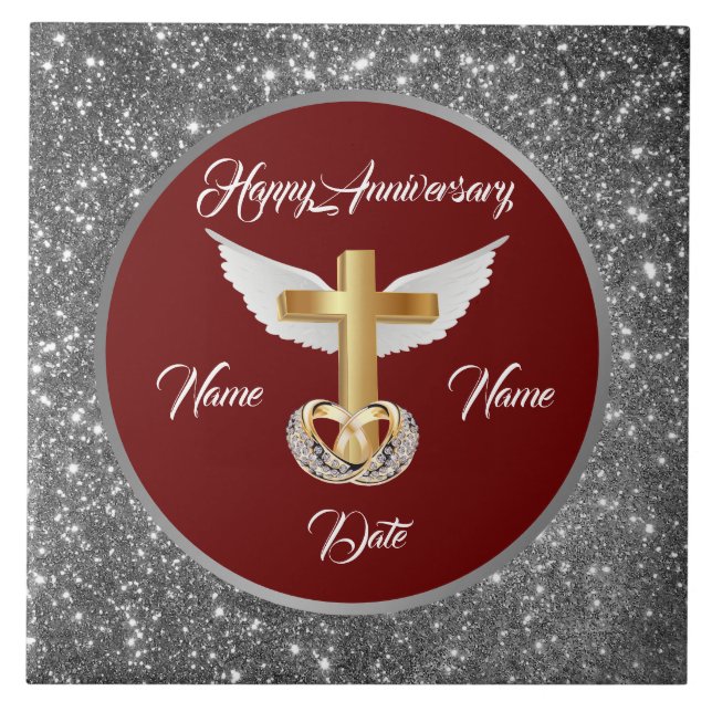 Wedding Rings Customise Silver Cross Anniversary Ceramic Tile (Front)
