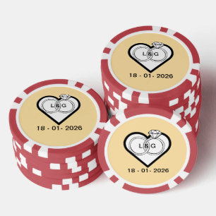 Wedding rings in a heart with date and Initials Poker Chips