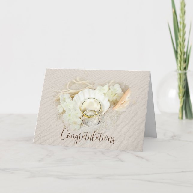 Wedding Rings in Seashell and Sand Card (Front)