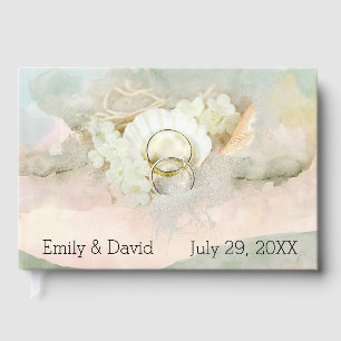 Wedding Rings in Seashell and Sand Guest Book
