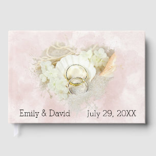 Wedding Rings in Seashell and Sand Guest Book