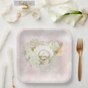Wedding Rings in Seashell and Sand Heart  Paper Plate