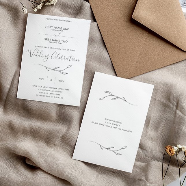 Wedding rings wedding invitation (Delicate and pretty wedding invitation with soft subtle floral detail and hand written style font)