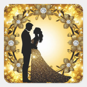 Wedding Romance On Golden Background Square Sticker