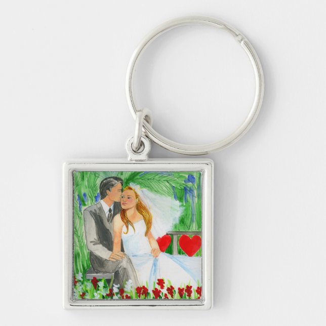 Wedding Romantic Bride and Groom in Garden Key Ring (Front)
