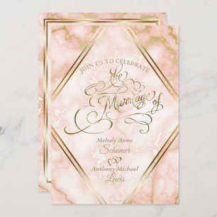 Wedding Rose and Gold Marble Ornate Calligraphy Invitation