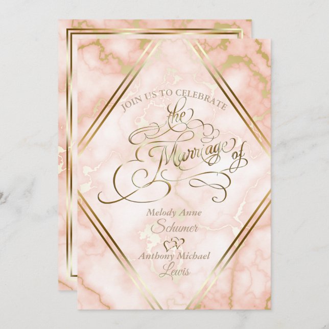 Wedding Rose and Gold Marble Ornate Calligraphy Invitation (Front/Back)