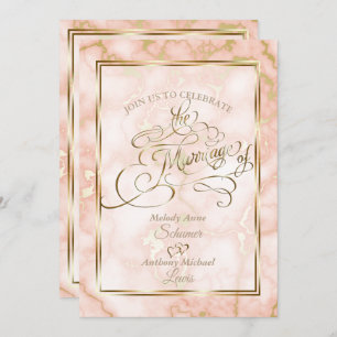 Wedding Rose and Gold Marble Ornate Calligraphy Invitation