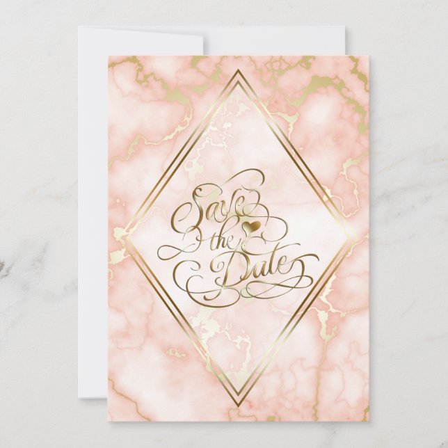 Wedding Rose and Gold Marble Ornate Calligraphy Save The Date (Front)