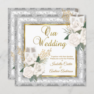 Wedding Rose Champagne Gold Silver Damask Invitation