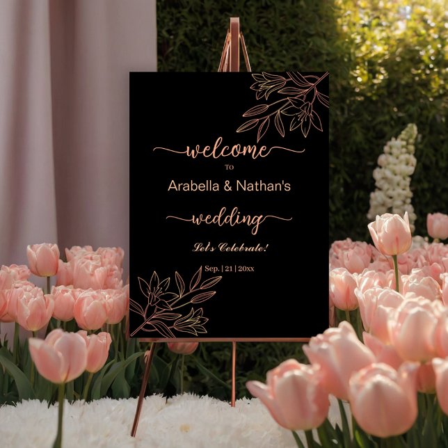 Wedding Rose Gold And Black Elegant Floral Welcome Acrylic Sign (Creator Uploaded)
