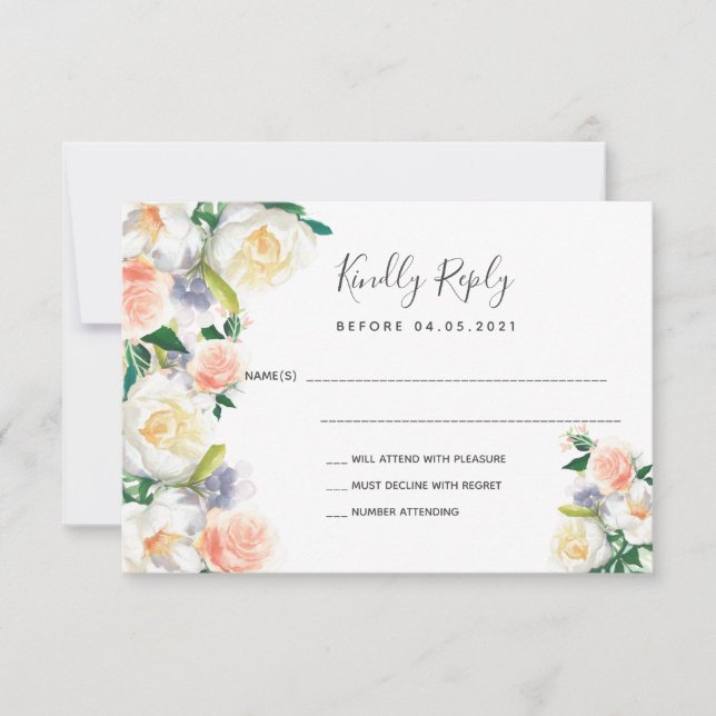 Wedding rose gold blush florals white RSVP Card (Front)