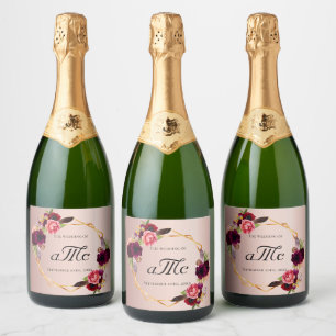 Wedding rose gold burgundy floral geo monogram sparkling wine label