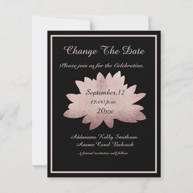 Wedding Rose Gold Floral Modern Black Change / Save The Date (Front)
