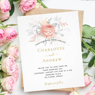 Wedding rose gold floral silver budget invitation flyer
