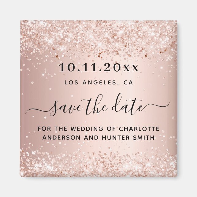 Wedding rose gold glitter save the date magnet (Front)
