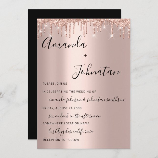 Wedding Rose Gold Monogram Drips Black White Invitation (Front/Back)