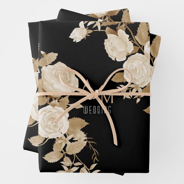 Wedding Rose Monogram Black Wrapping Paper Sheet (In situ)
