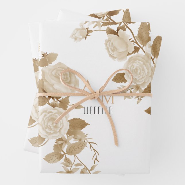 Wedding Rose Monogram White Wrapping Paper Sheet (In situ)