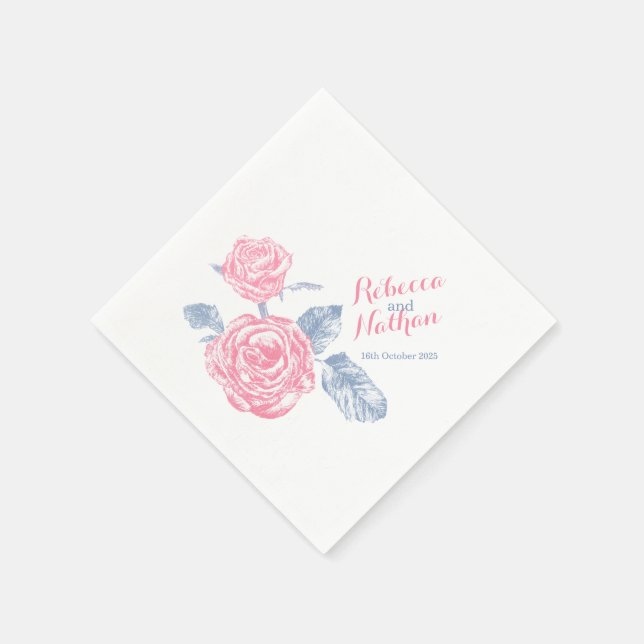 Wedding rose pen drawing pink blue paper napkins (Corner)