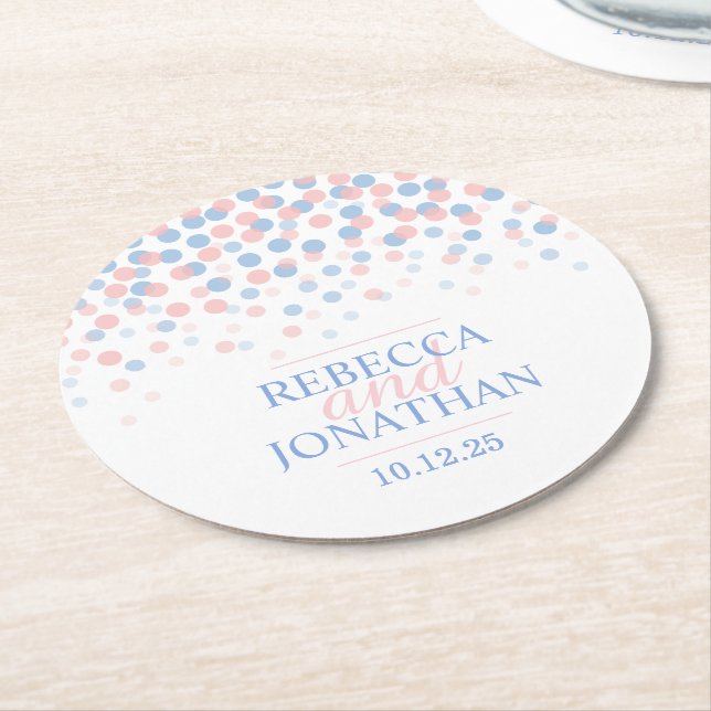 Wedding rose quartz serenity blue dot coasters (Angled)