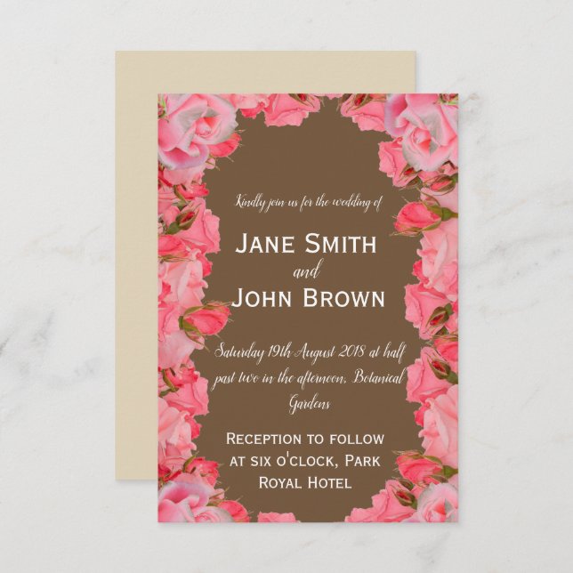 Wedding roses country floral and brown rustic invitation (Front/Back)