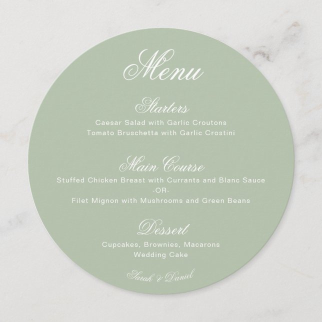 Wedding Round Sage Green Simple Calligraphy Script Menu (Front)