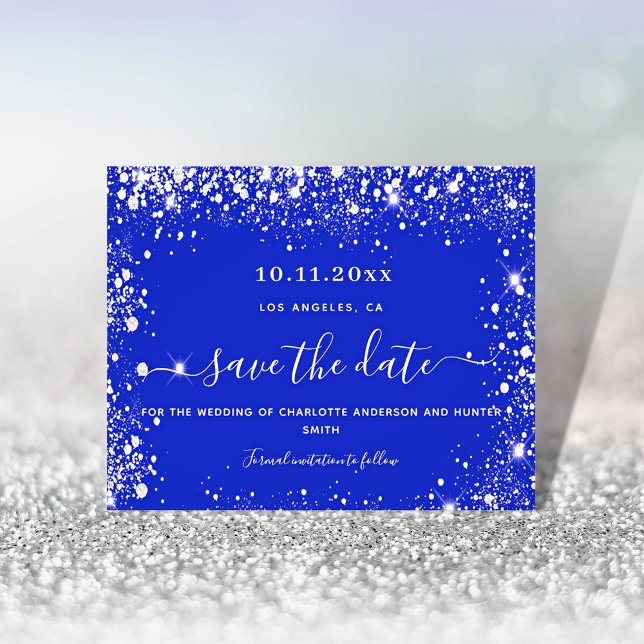 Wedding royal blue silver glitter budget save date flyer (Creator Uploaded)