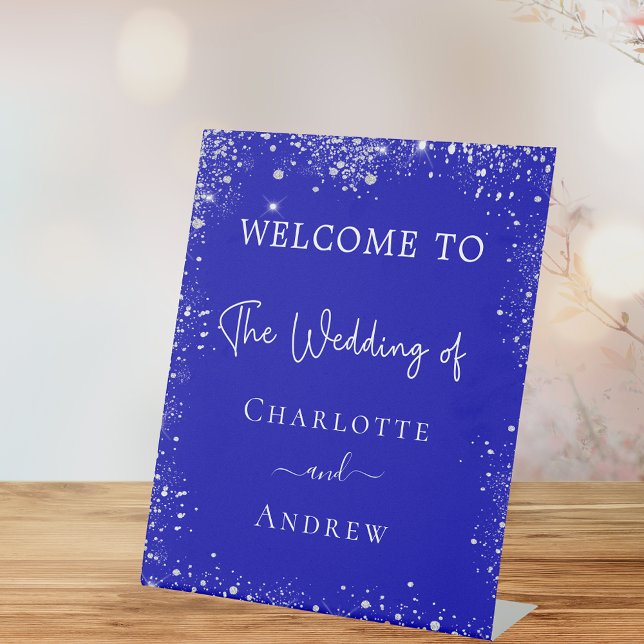 Wedding royal blue silver glitter welcome pedestal sign (Creator Uploaded)