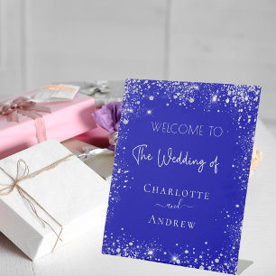 Wedding royal blue silver glitter welcome pedestal sign