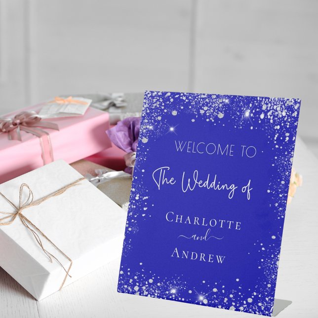 Wedding royal blue silver glitter welcome pedestal sign (Creator Uploaded)