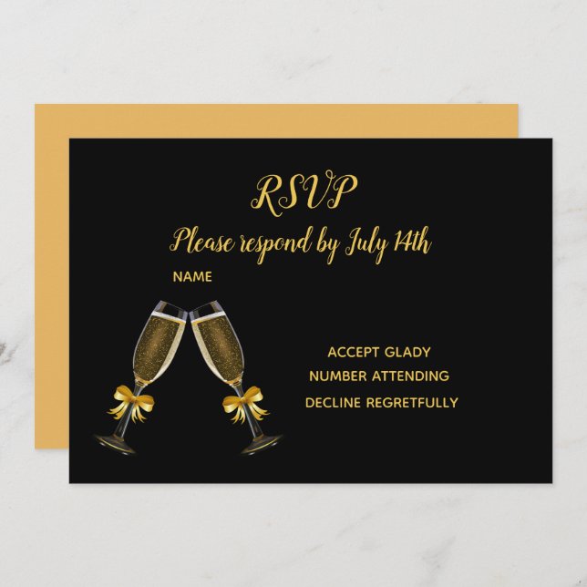 Wedding RSVP black and gold champagne glasses Invitation (Front/Back)
