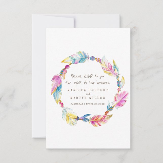 Wedding RSVP boho feather native tribal wreath Card (Front)