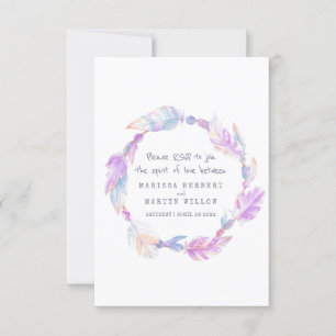 Wedding RSVP boho feather purple tribal wreath Card