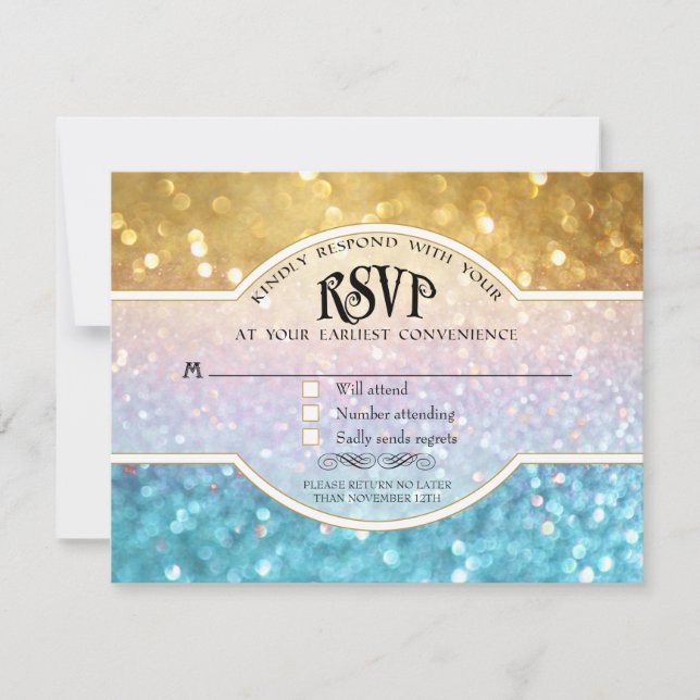 Wedding RSVP Bokeh Movie Ticket Style Gold Aqua (Front)