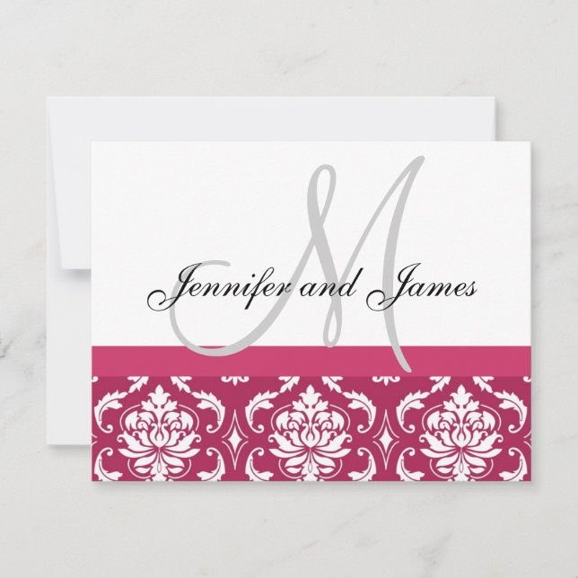 Wedding RSVP Card Hot Pink Damask Monogram & Names (Front)