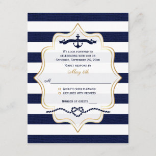 Wedding RSVP Card Navy, White Faux Burlap Stripe