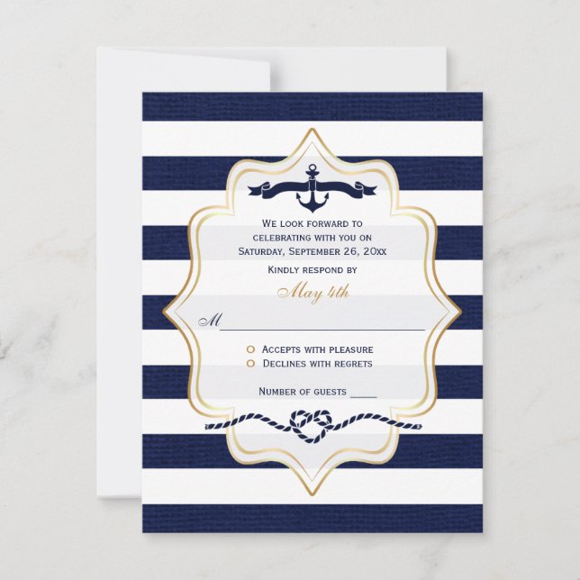 Wedding RSVP Card | Navy, White Faux Burlap Stripe (Front)