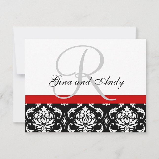Wedding RSVP Card Red Damask Monogram & Names (Front)
