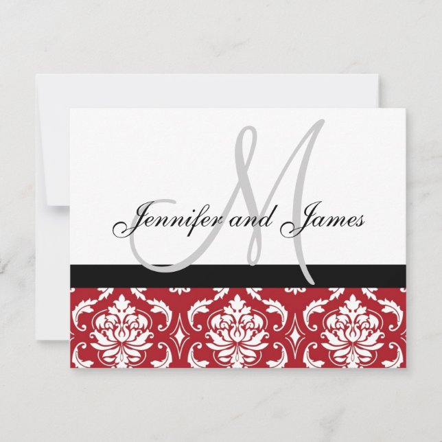 Wedding RSVP Card Red Damask Monogram & Names (Front)