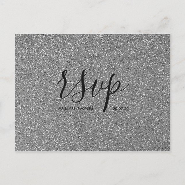 Wedding Rsvp card | Silver Glitter Script Postcard (Front)