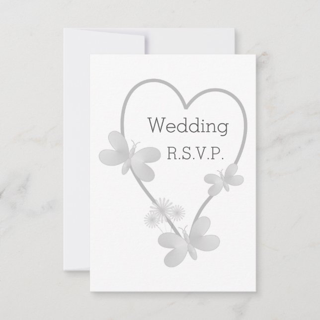 Wedding RSVP Card Silver Heart Butterflies (Front)