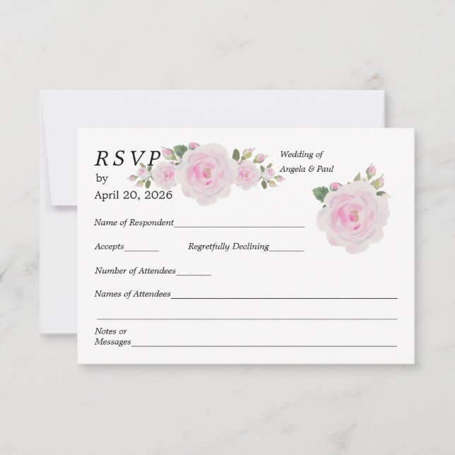 Wedding RSVP Card Soft Pink Roses  (Front)